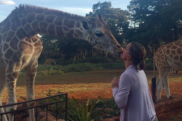 Kissing a giraffe at Giraffe Manor, Kenya