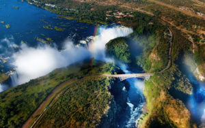 Aerial View of Victoria Falls and Livingstone Bridge