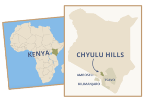 Chyulu Hills, Kenya, is located near Amboseli National Park, Tsavo National Park, and Mt Kilimanjaro